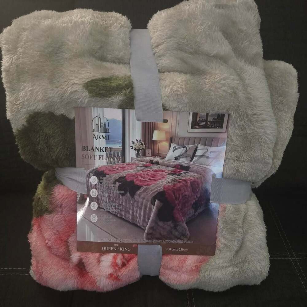 Akmi Soft Flannel Blanket Size Queen/King Floral Pink Black